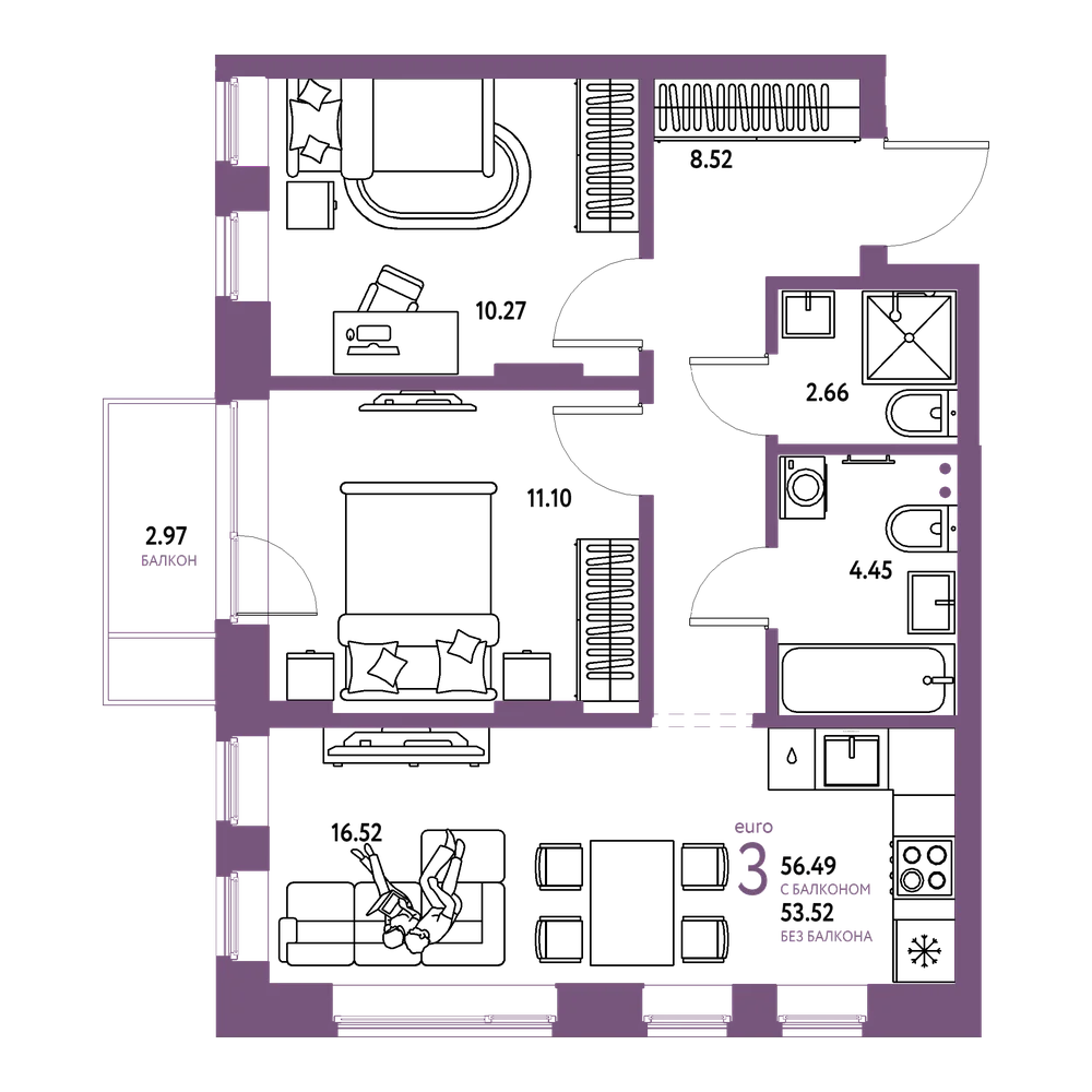 Планировка: Евротрёшка 56,49 м²