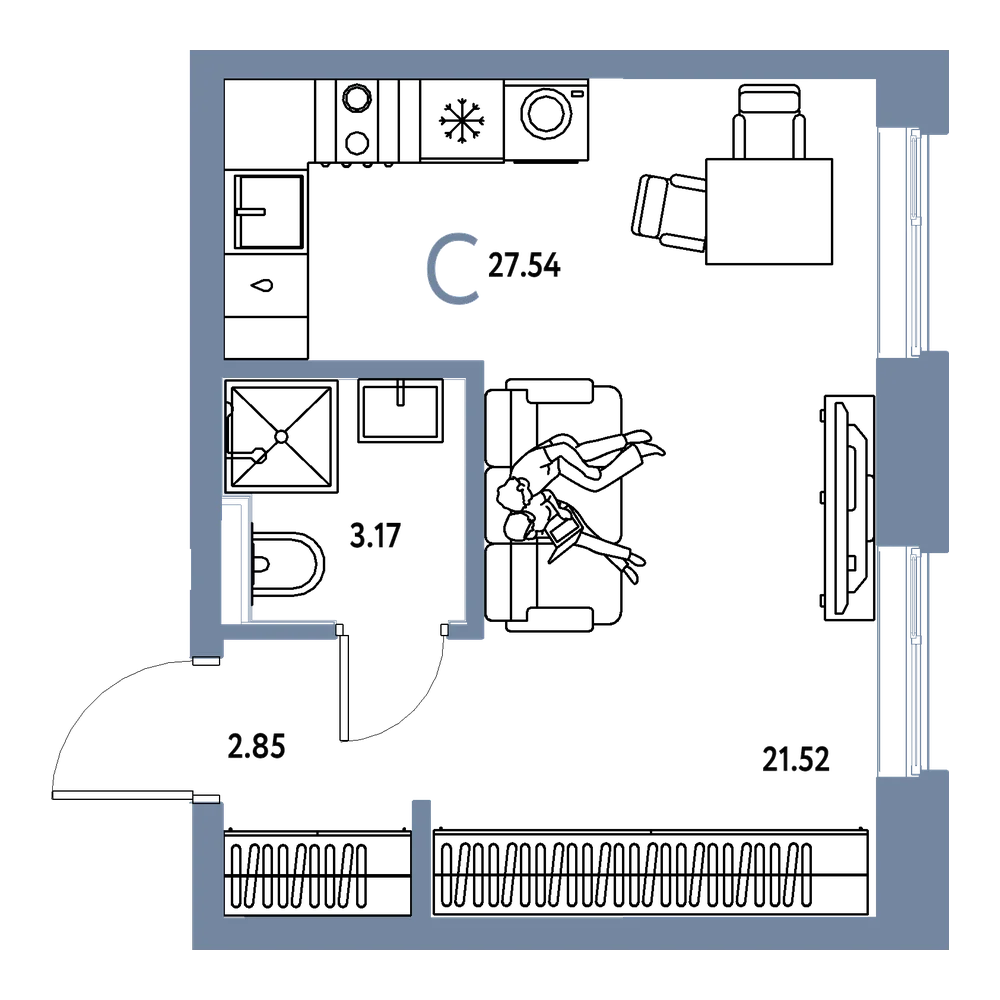 Планировка: Студия 27,54 м²