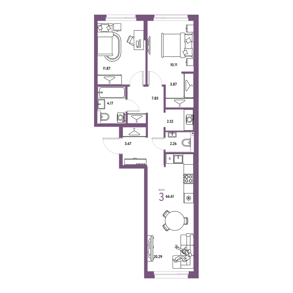 Планировка: Евротрёшка 66,61 м²