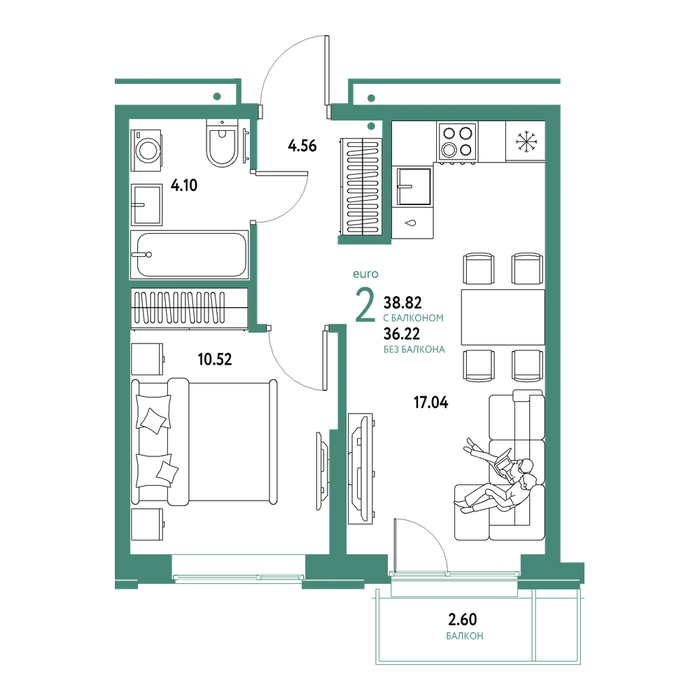 Планировка: Евродвушка 38,82 м²