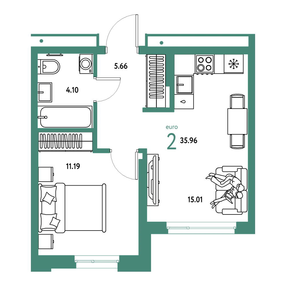 Планировка: Евродвушка 35,96 м²