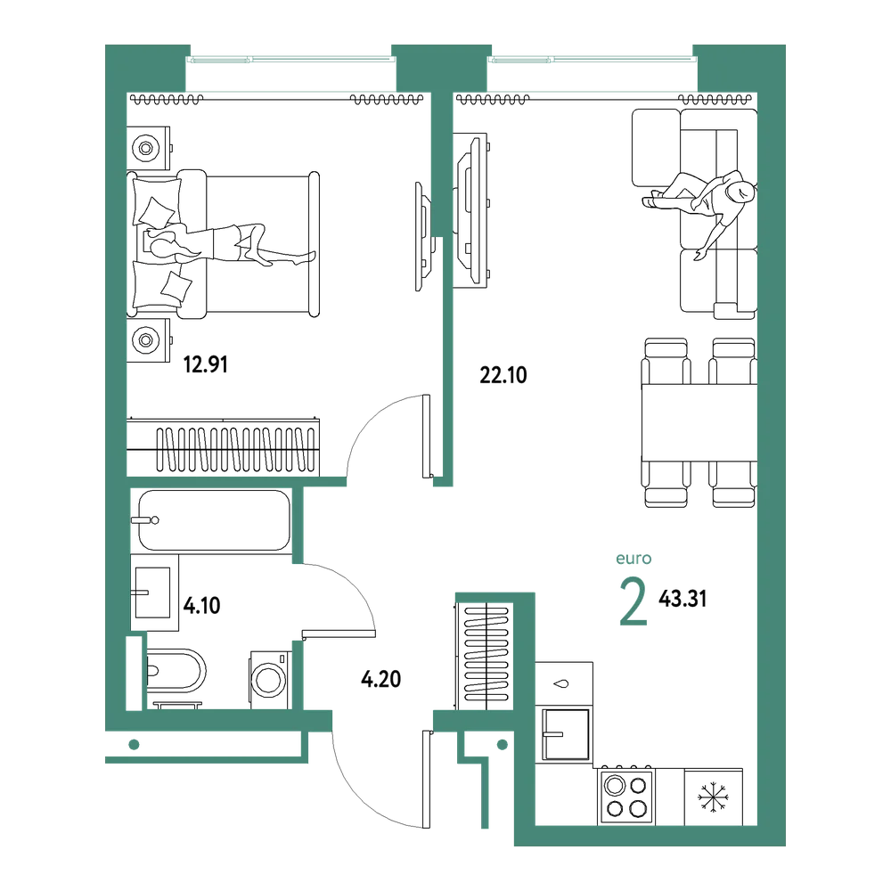 Планировка: Евродвушка 43,31 м²