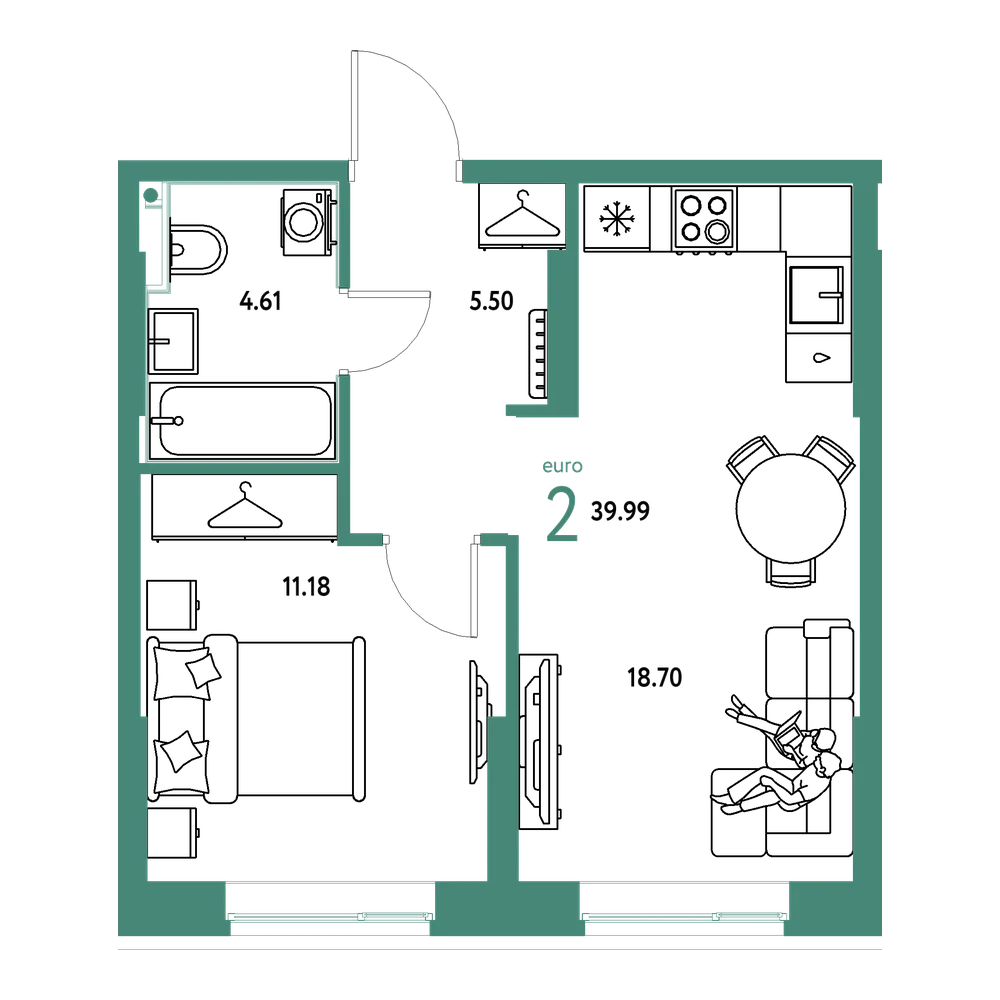 Планировка: Евродвушка 39,99 м²