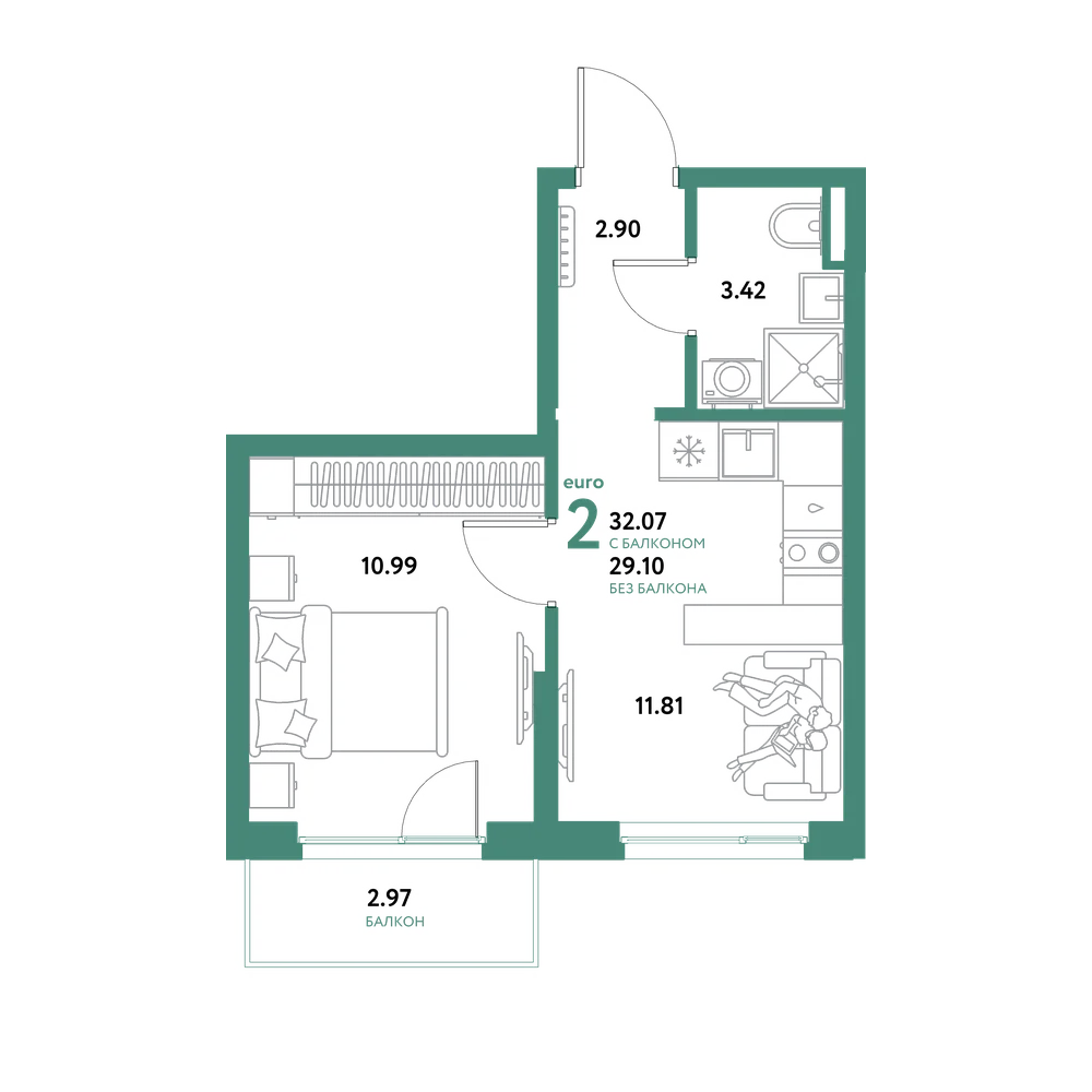 Планировка: Евродвушка 32,07 м²