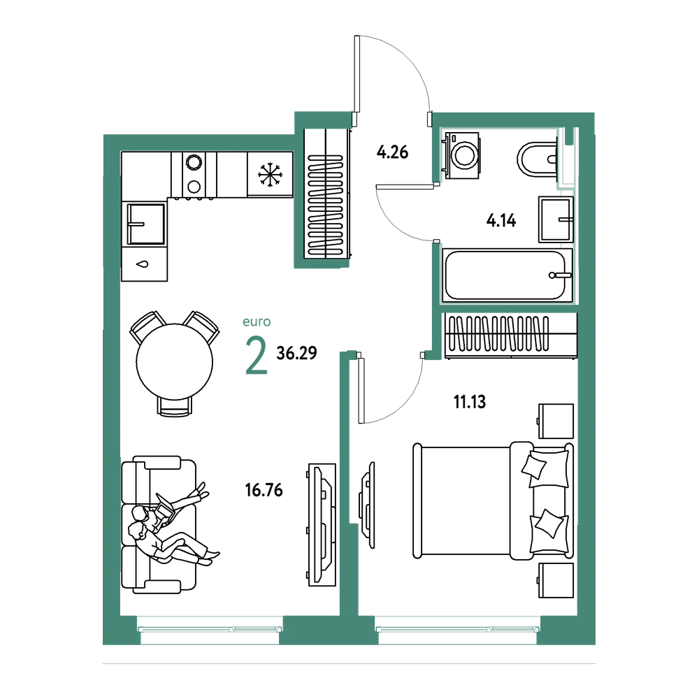 Планировка: Евродвушка 36,29 м²