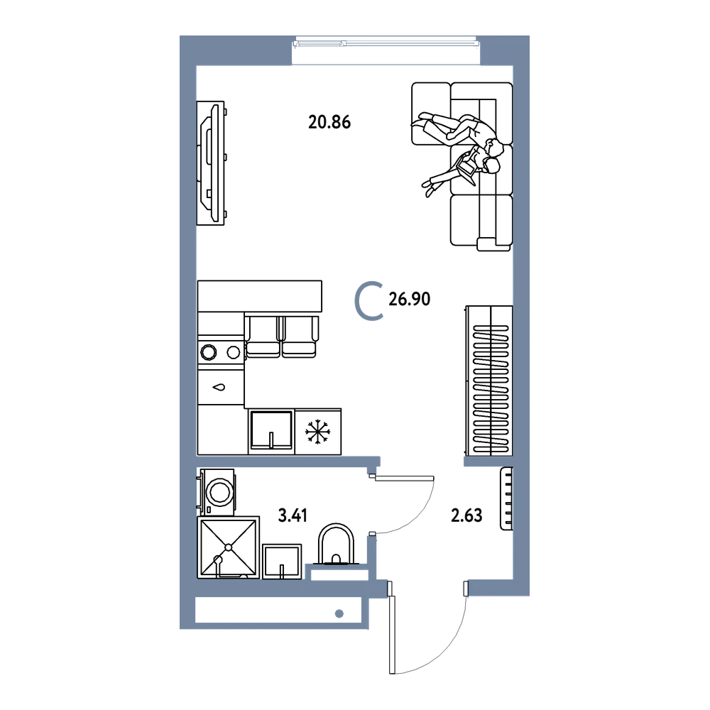 Планировка: Студия 26,9 м²