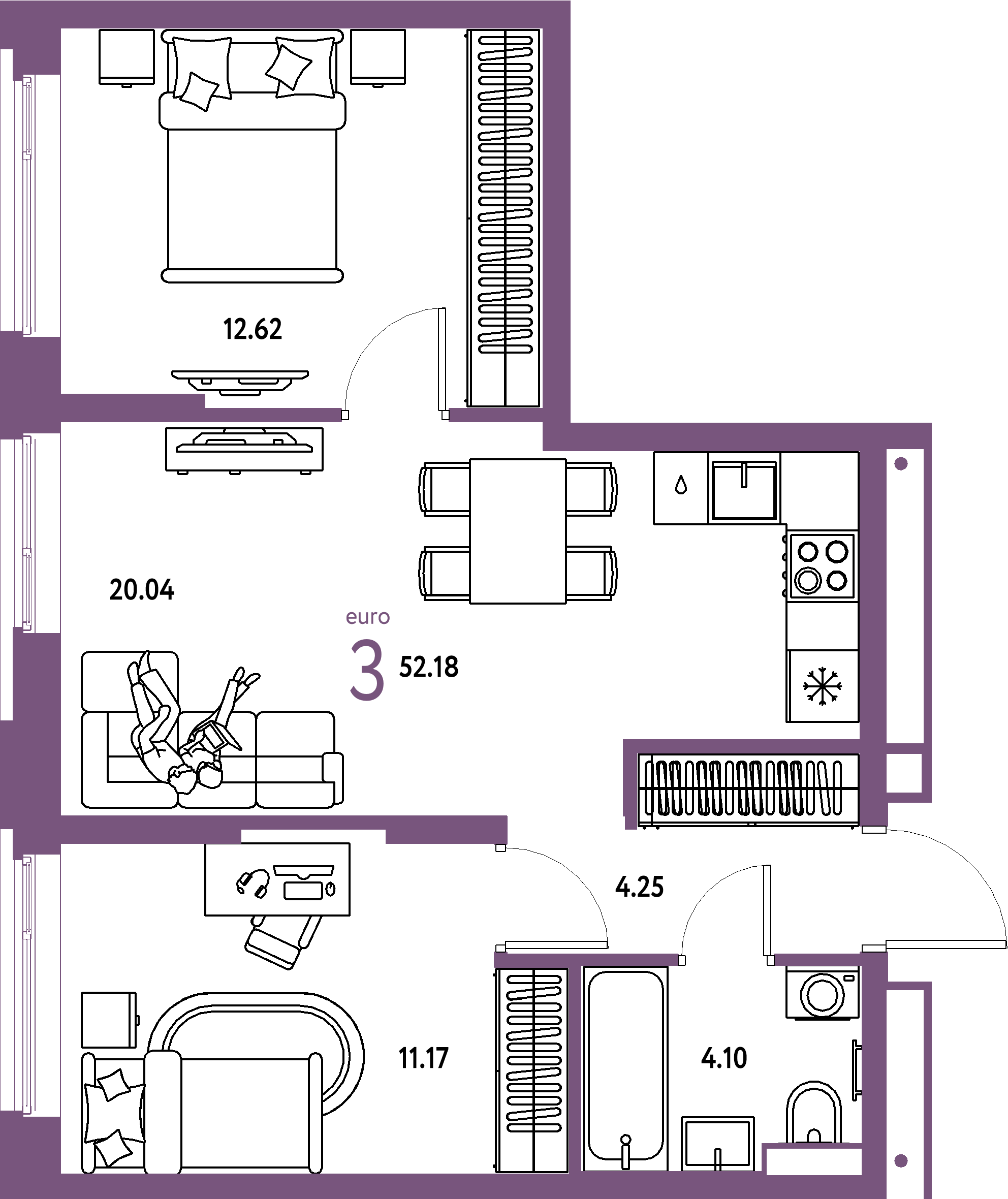 Планировка: Евротрёшка 52,18 м² в ЖК «Авторский»