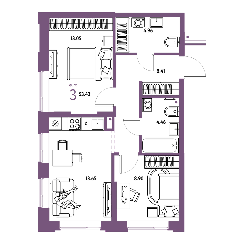 Планировка: Евротрёшка 53,43 м²