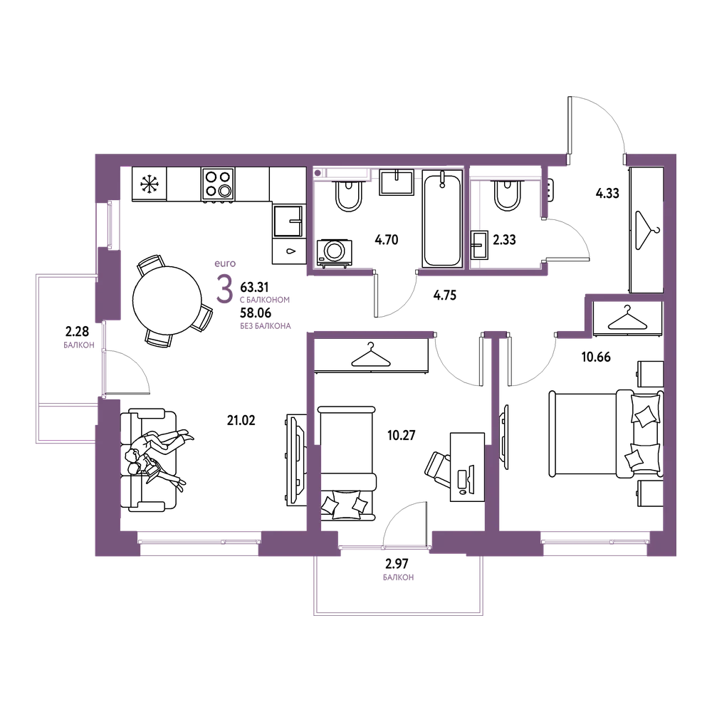 Планировка: Евротрёшка 63,31 м²