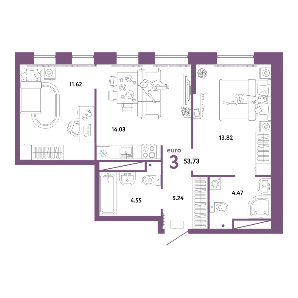 Планировка: Евротрёшка 53,73 м²