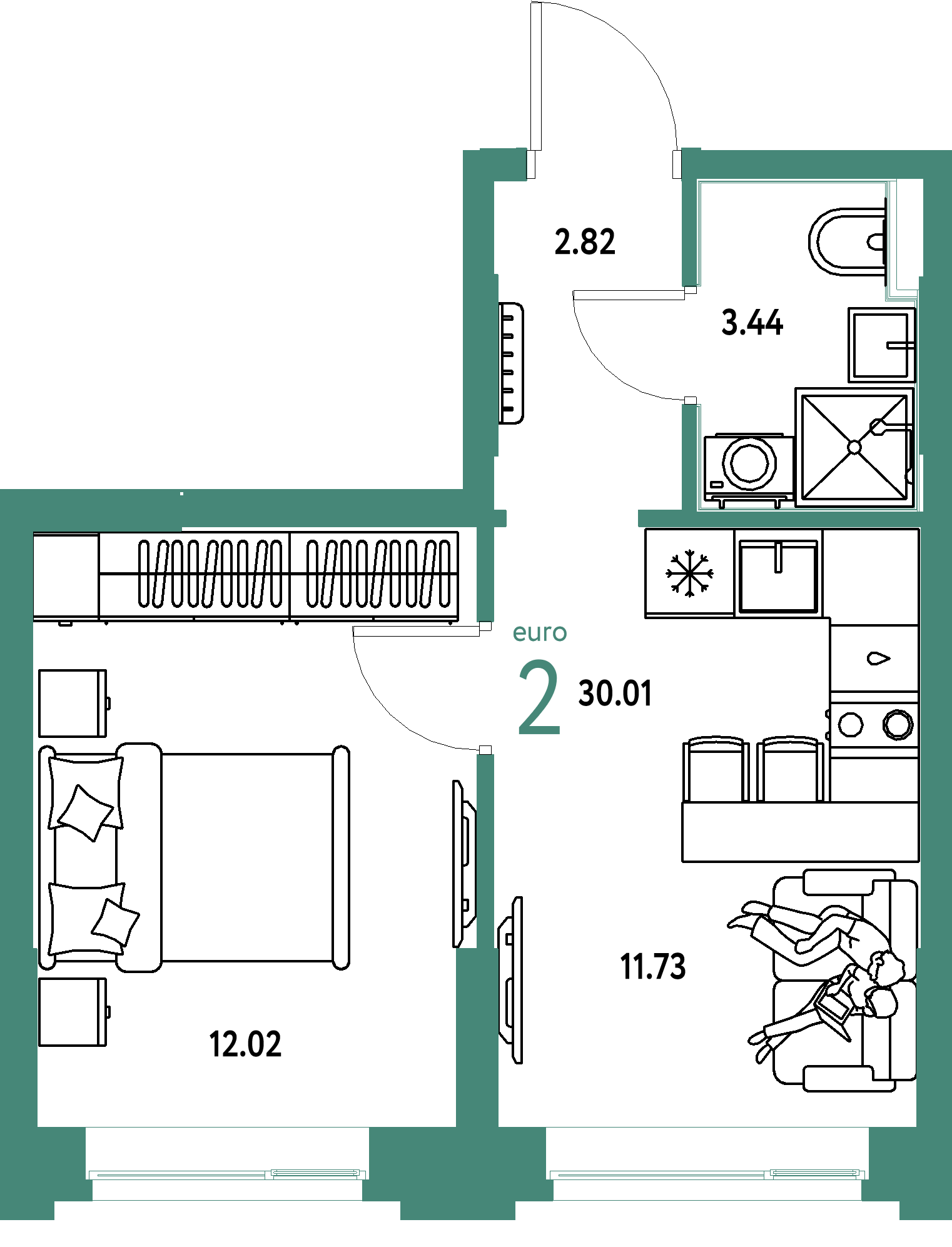 Планировка: Евродвушка 30,01 м² в ЖК «Сердце Сибири»