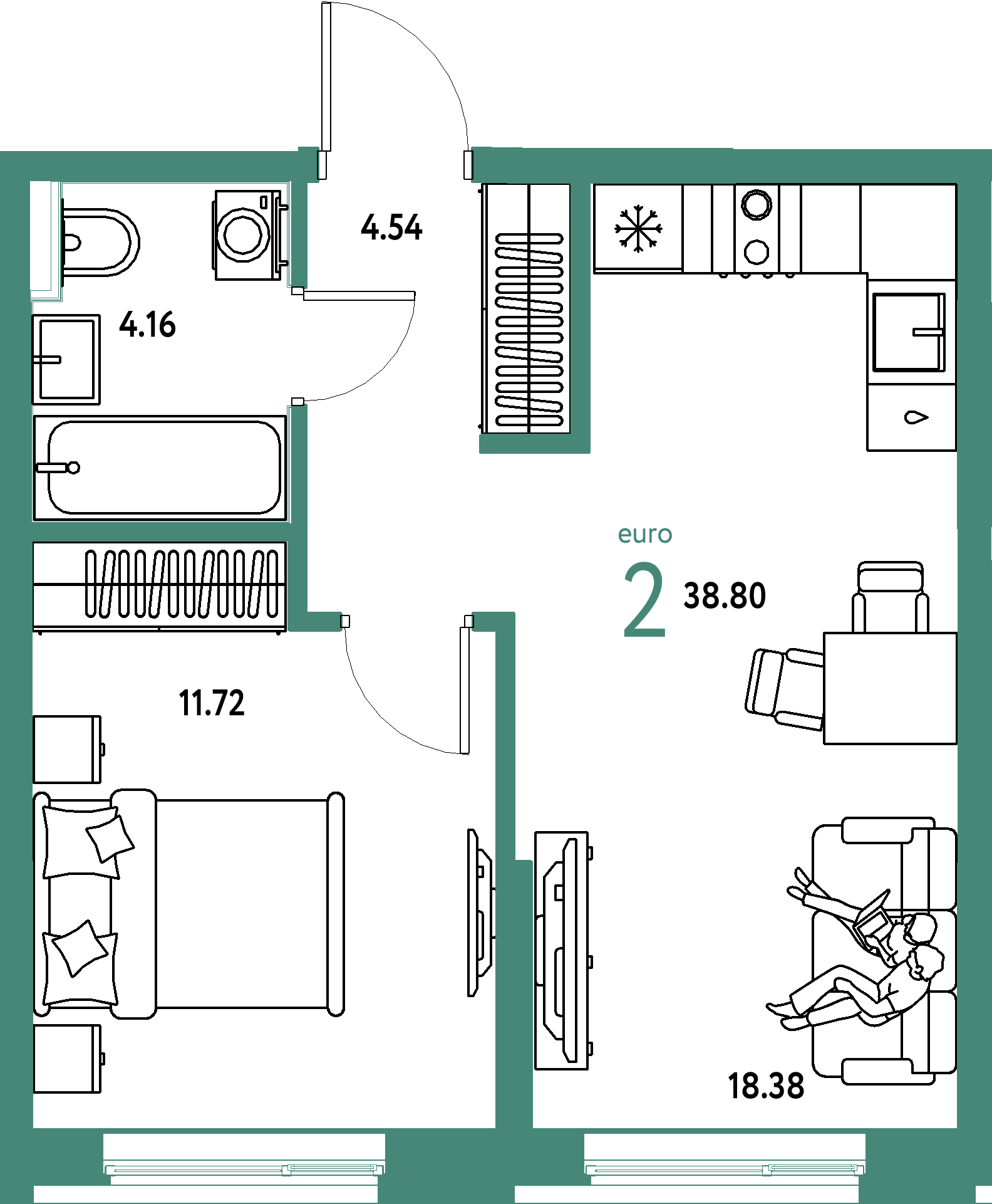 Планировка: Евродвушка 38,8 м² в ЖК «Остров-сад»