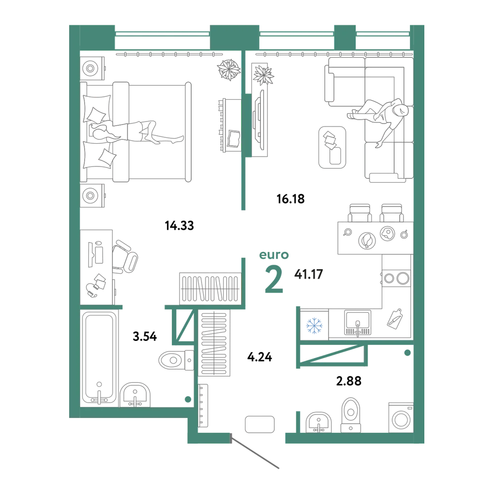 Планировка: Евродвушка 41,17 м²