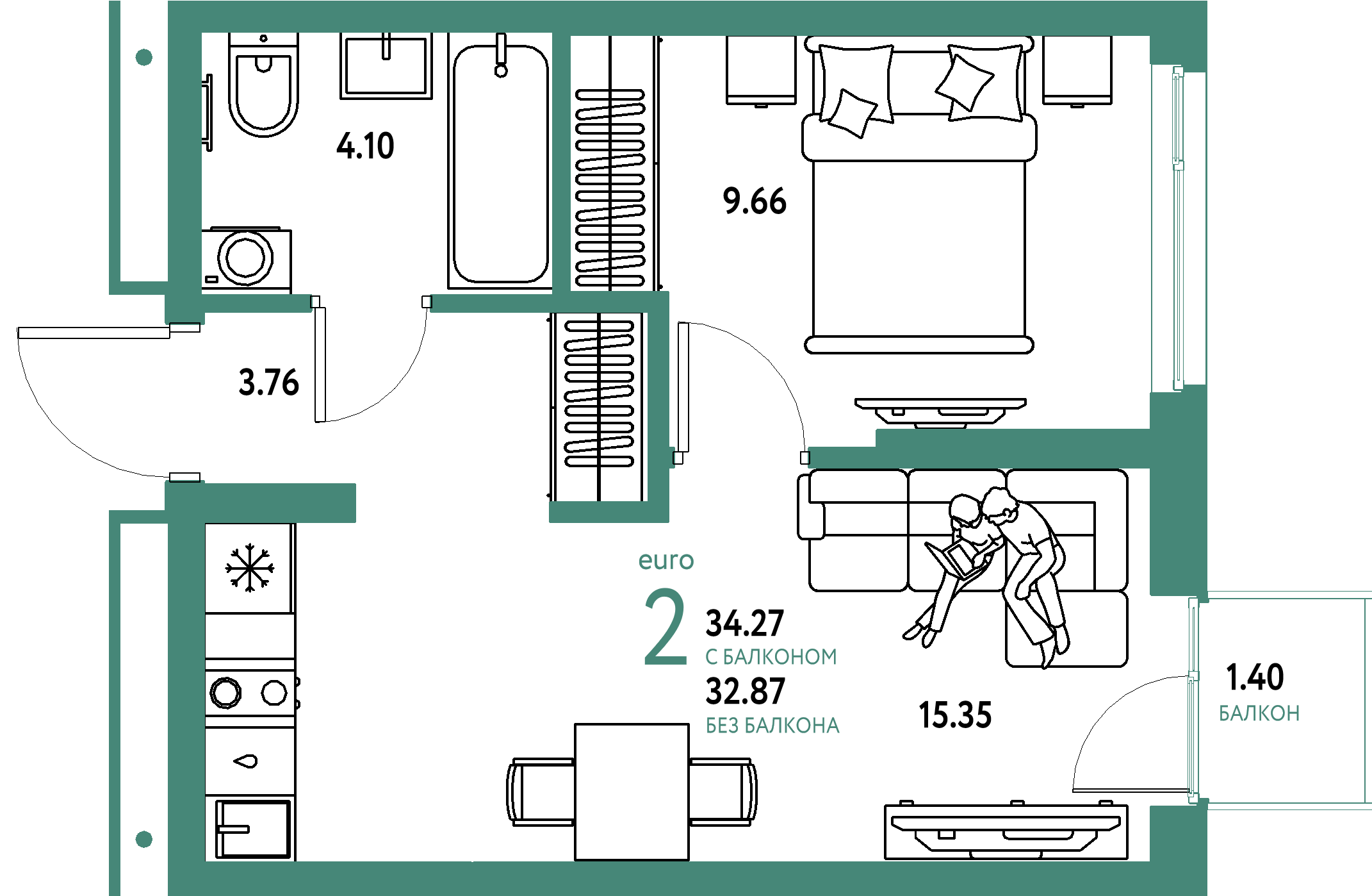 Планировка: Евродвушка 34,27 м² в ЖК «Домашний»