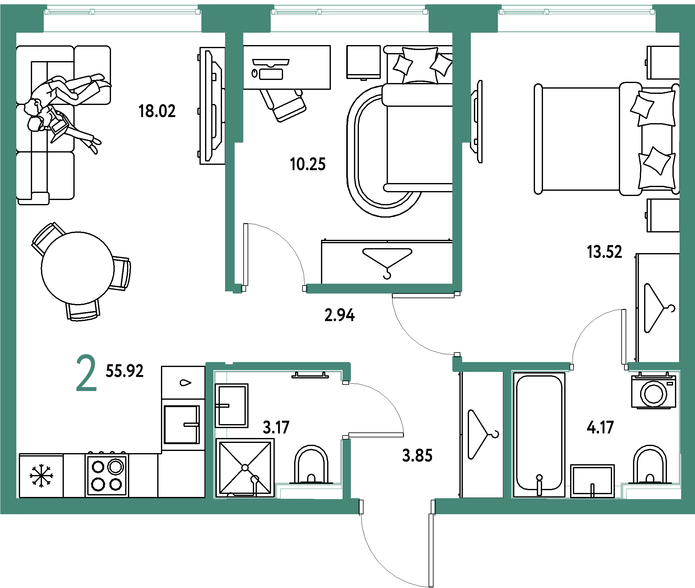 Планировка: 2-комнатная 55,92 м² в ЖК «Страна.Прибрежная»
