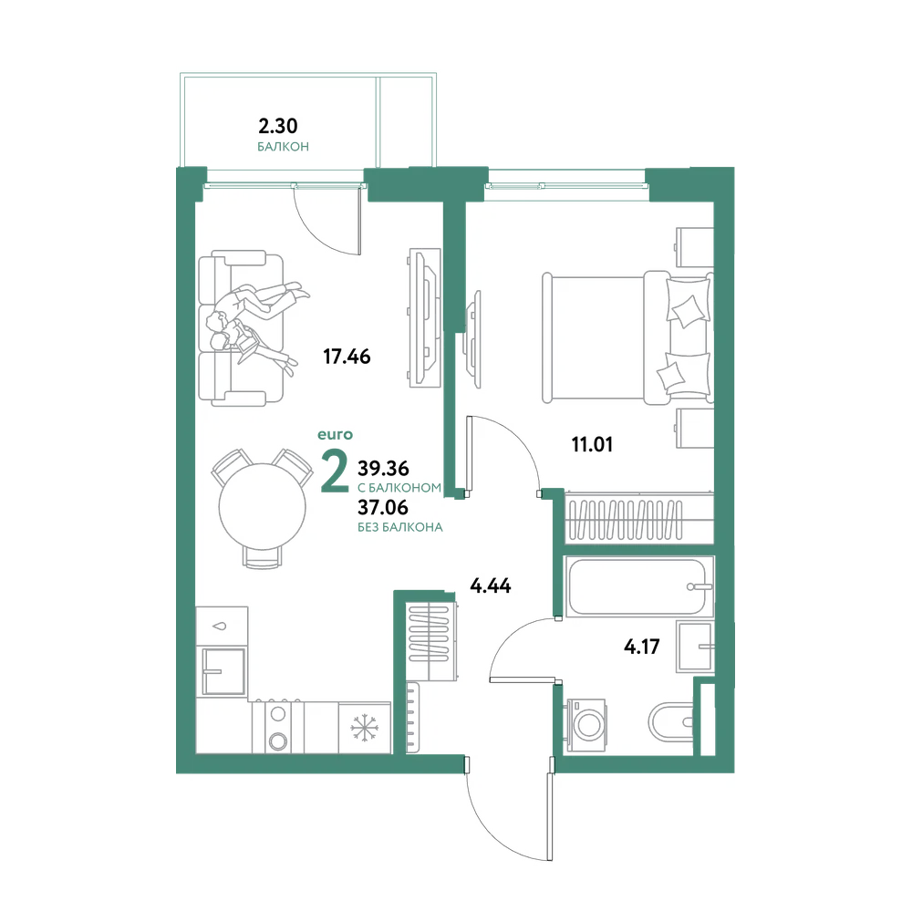 Планировка: Евродвушка 39,36 м²