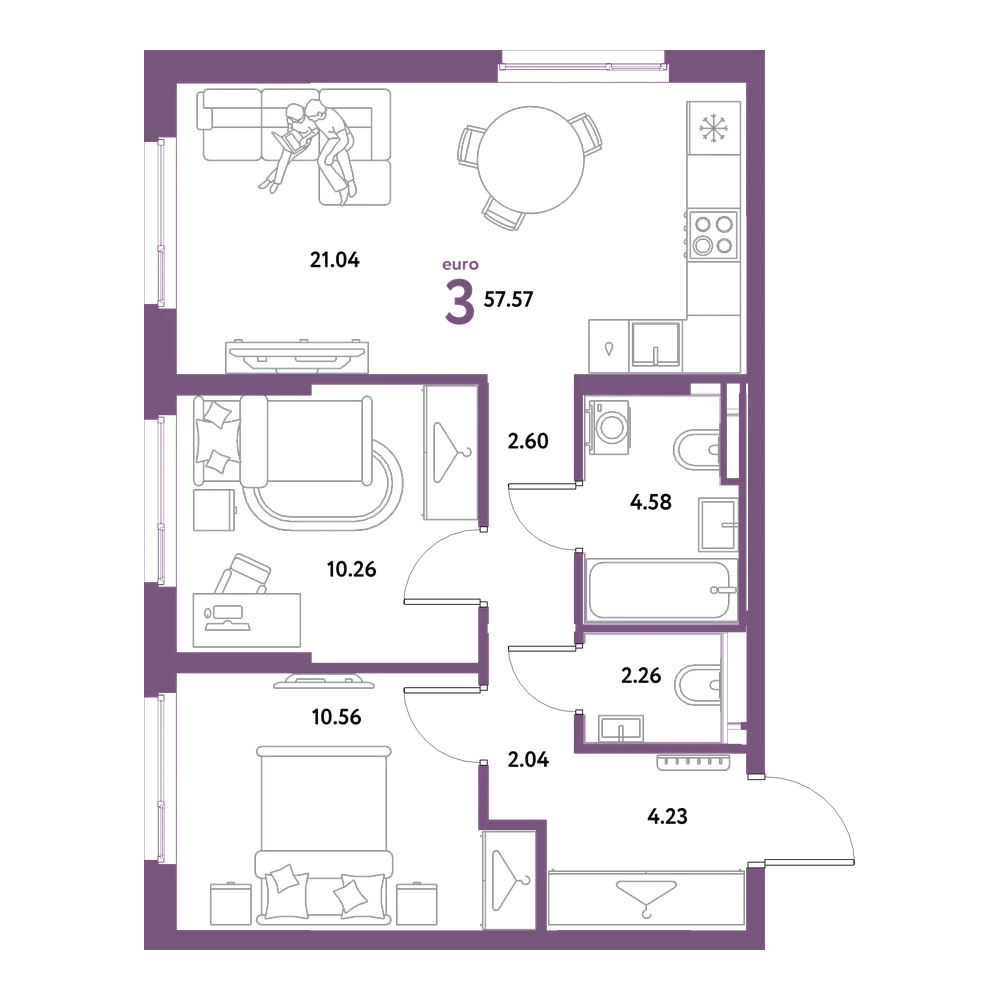 Планировка: Евротрёшка 57,57 м²