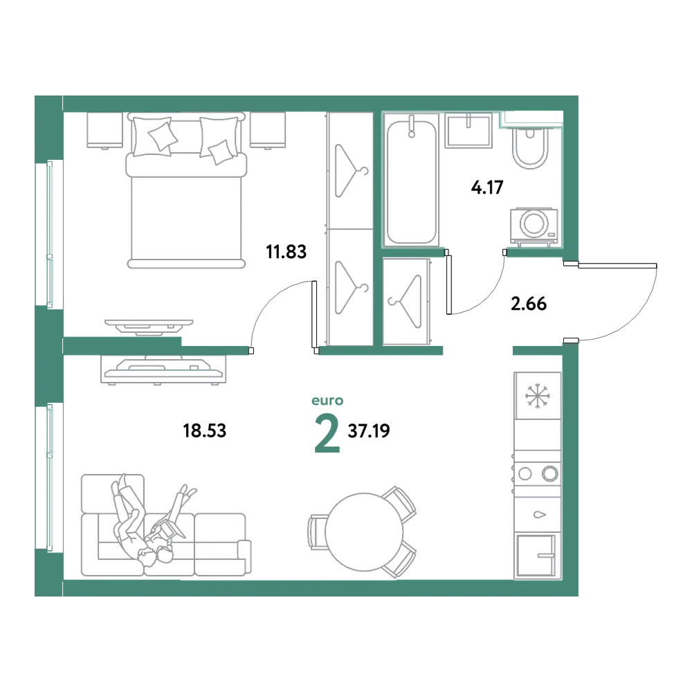 Планировка: Евродвушка 37,19 м²