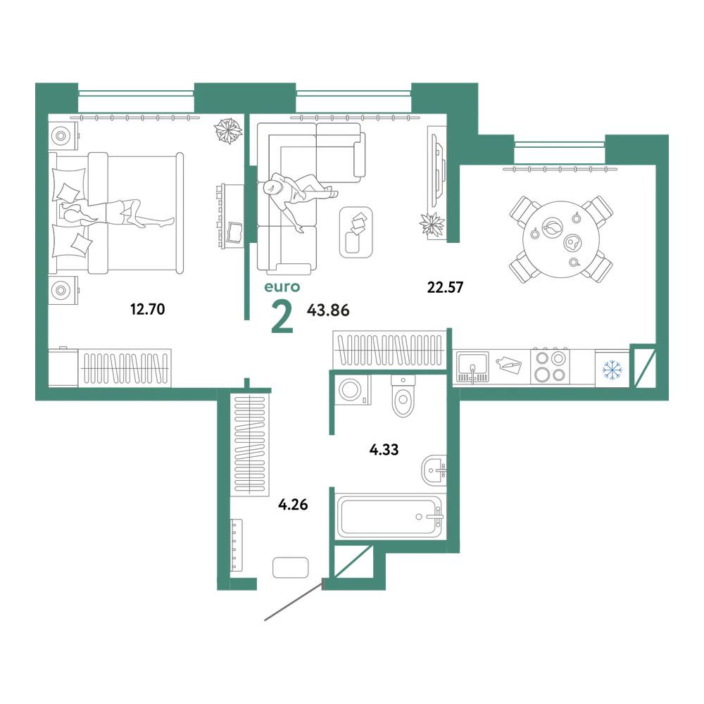 Планировка: Евродвушка 43,86 м²