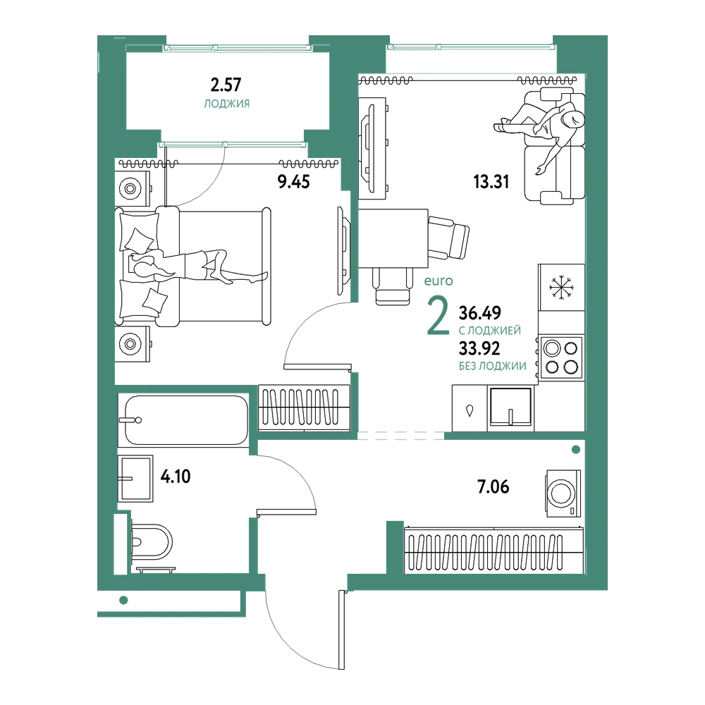 Планировка: Евродвушка 36,49 м²
