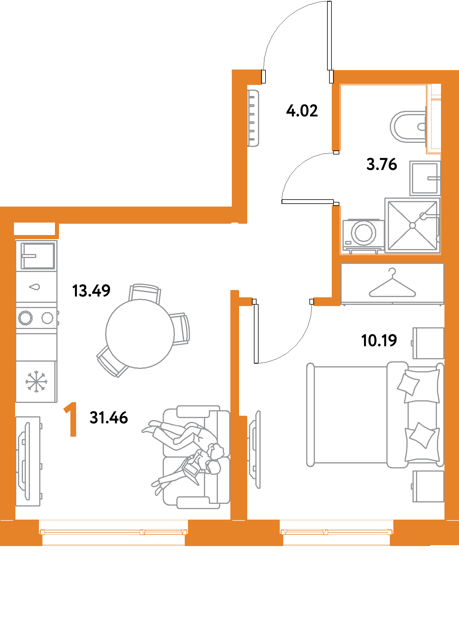 Планировка: 1-комнатная 31,46 м² в ЖК «Остров-сад»