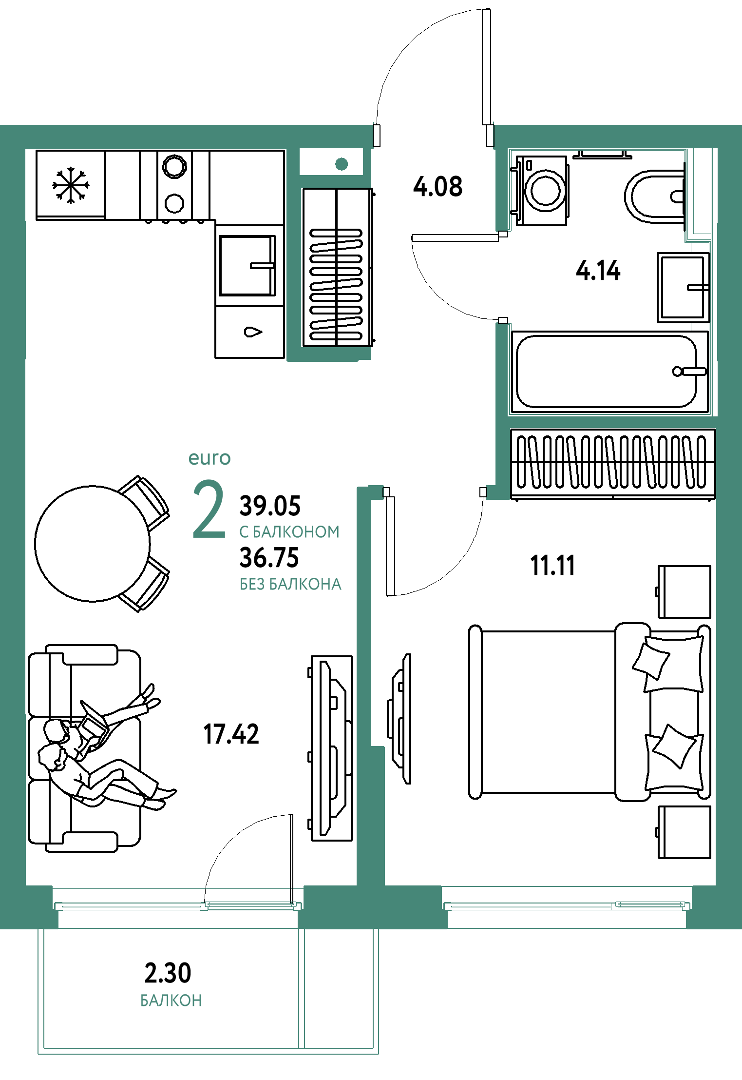 Планировка: Евродвушка 39,05 м² в ЖК «Сердце Сибири»