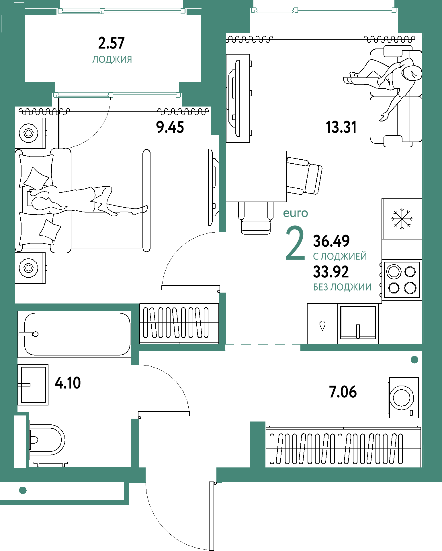 Планировка: Евродвушка 36,49 м² в ЖК «Домашний»