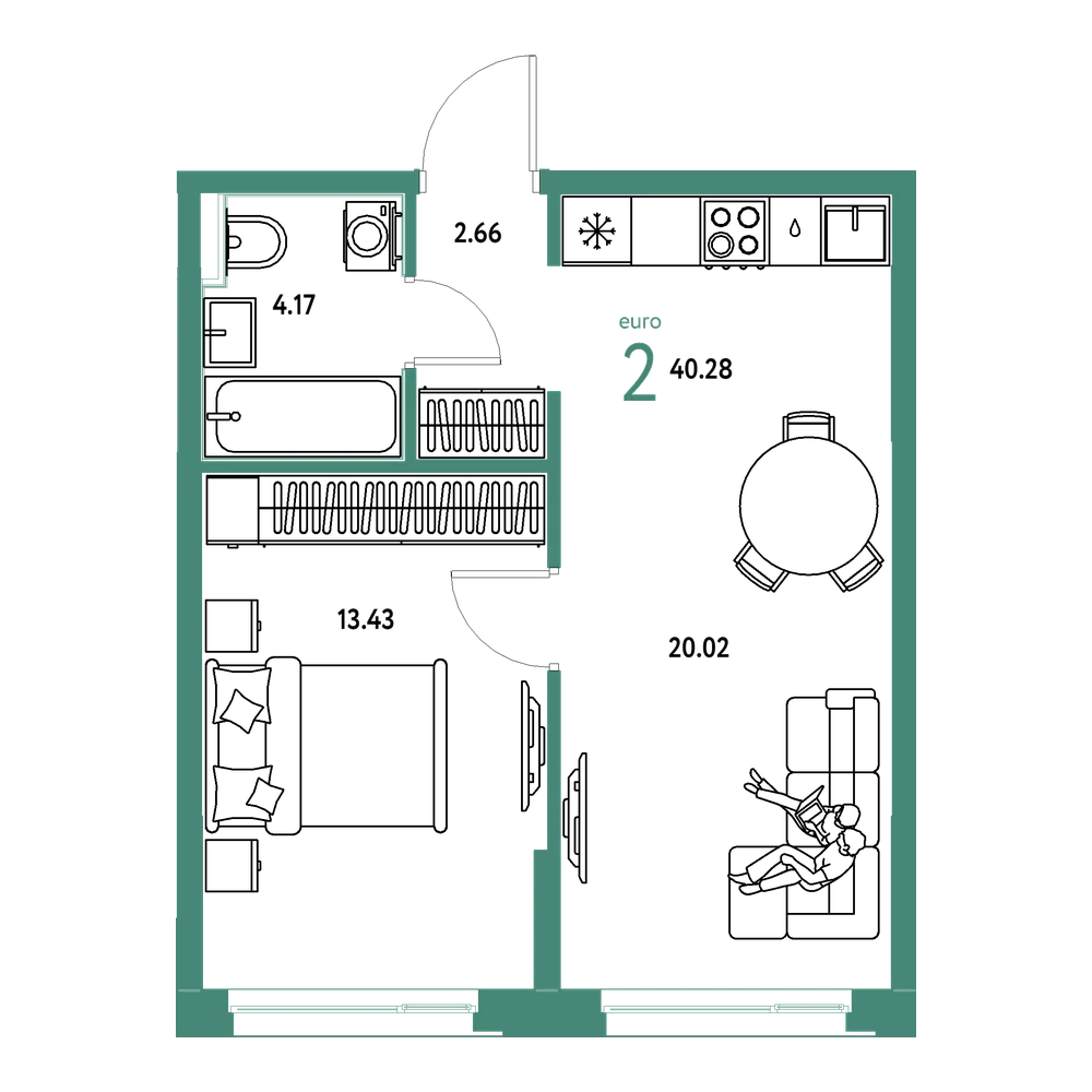 Планировка: Евродвушка 40,28 м²