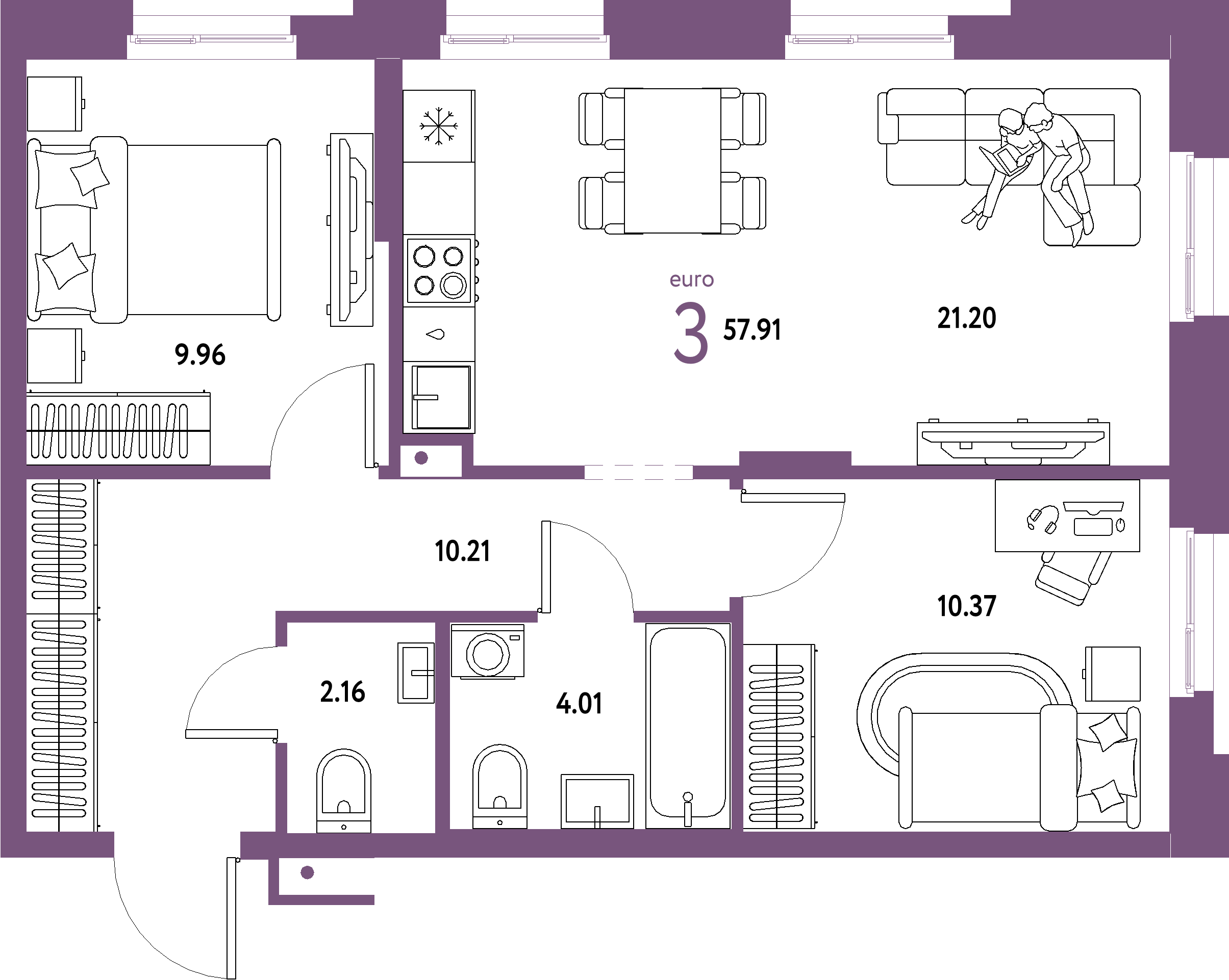 Планировка: Евротрёшка 57,91 м² в ЖК «Домашний»
