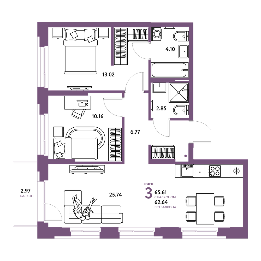 Планировка: Евротрёшка 65,61 м²