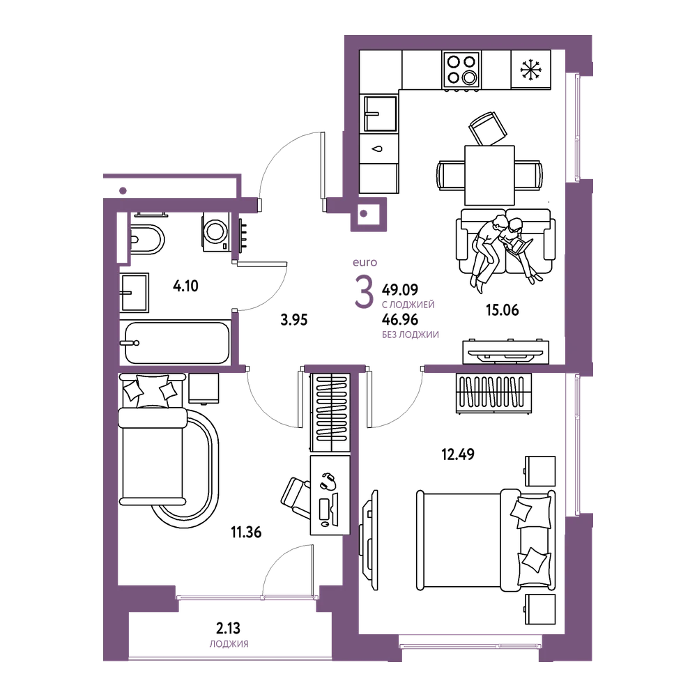 Планировка: Евротрёшка 49,09 м²