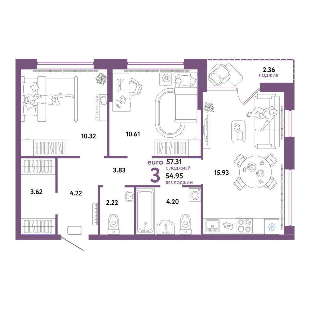 Планировка: Евротрёшка 57,49 м²