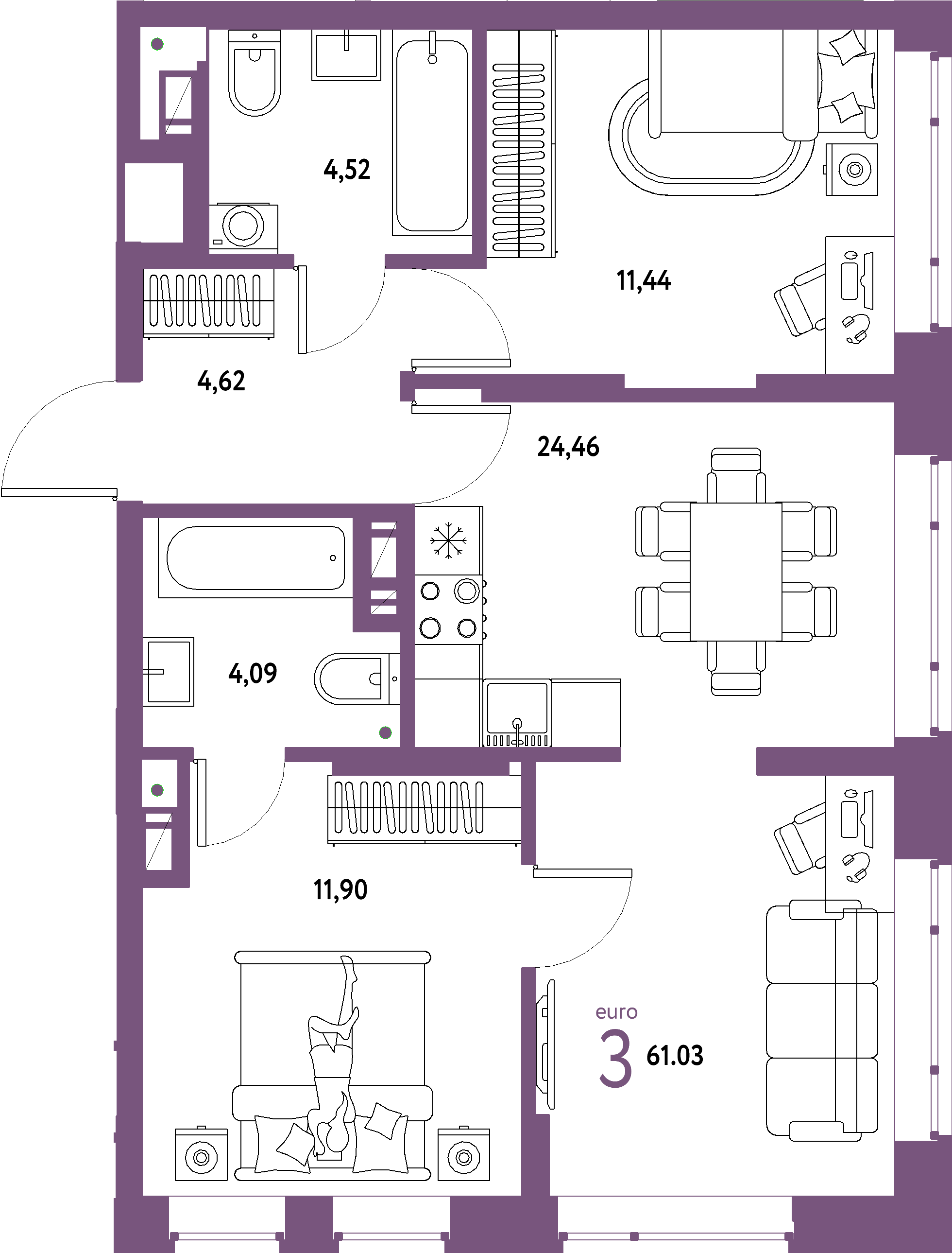 Планировка: Евротрёшка 61,03 м² в ЖК «Авторский»