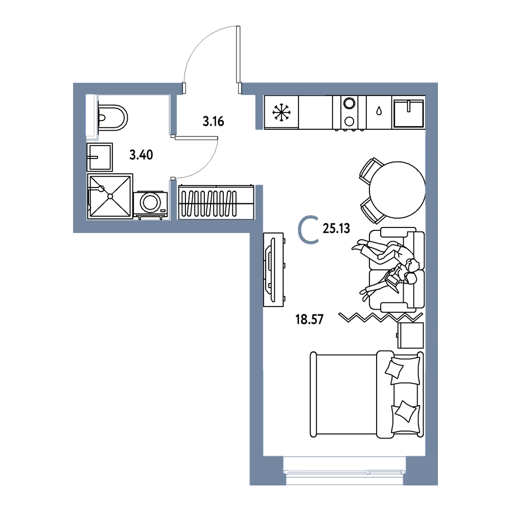 Планировка: Студия 25,13 м²