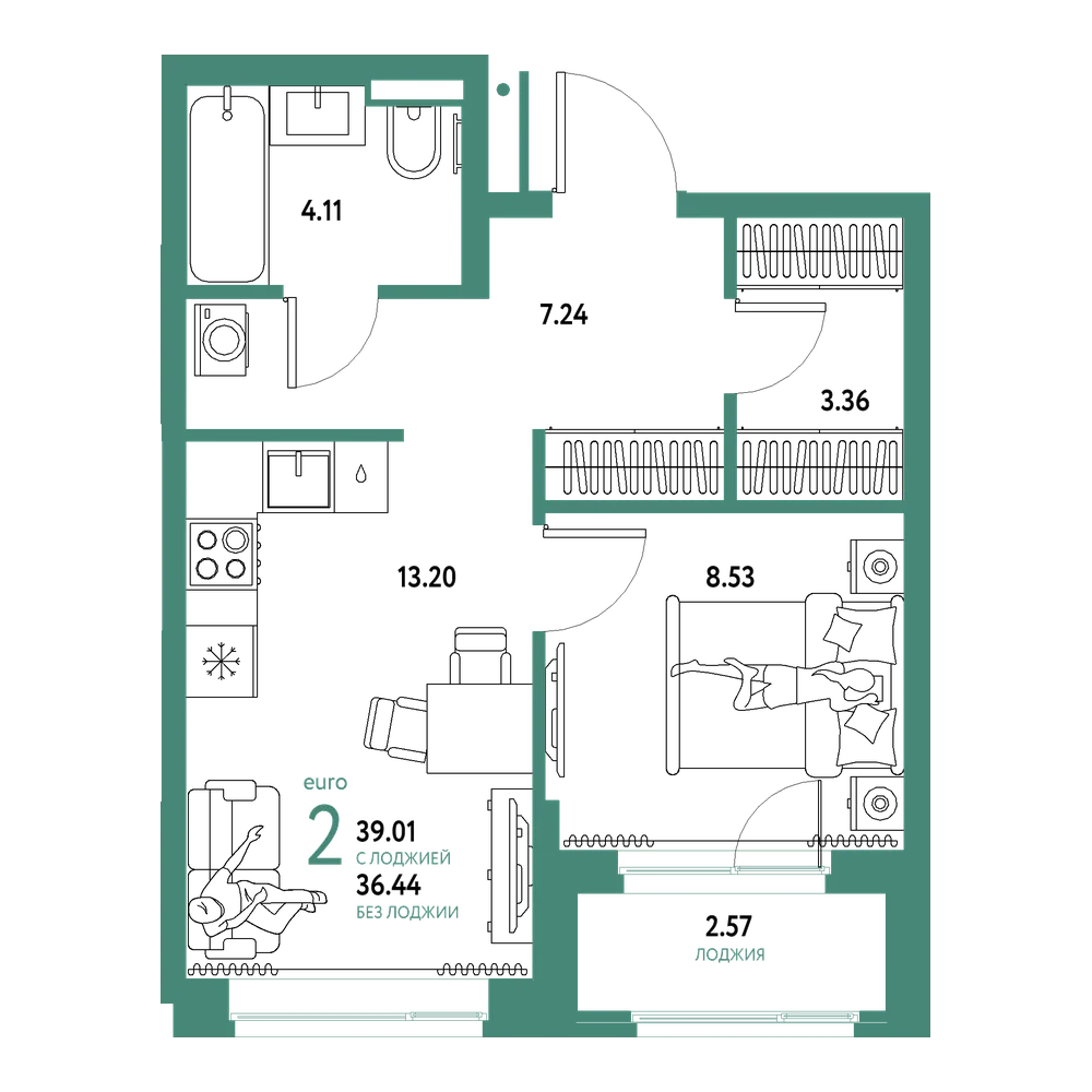 Планировка: Евродвушка 39,01 м²