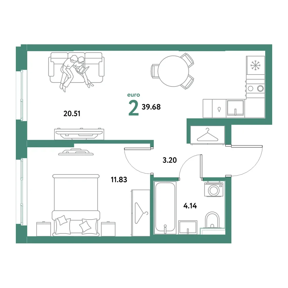 Планировка: Евродвушка 39,68 м²