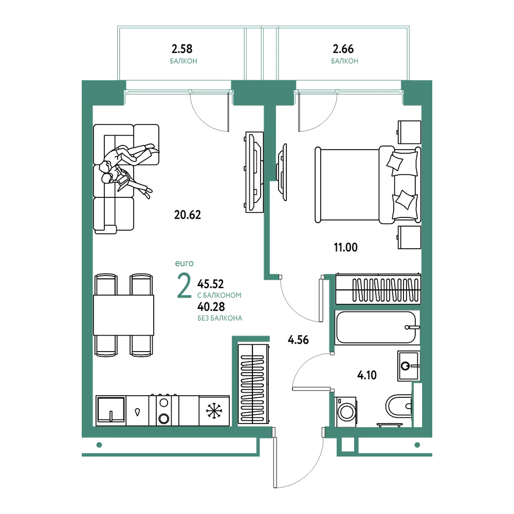 Планировка: Евродвушка 45,52 м²