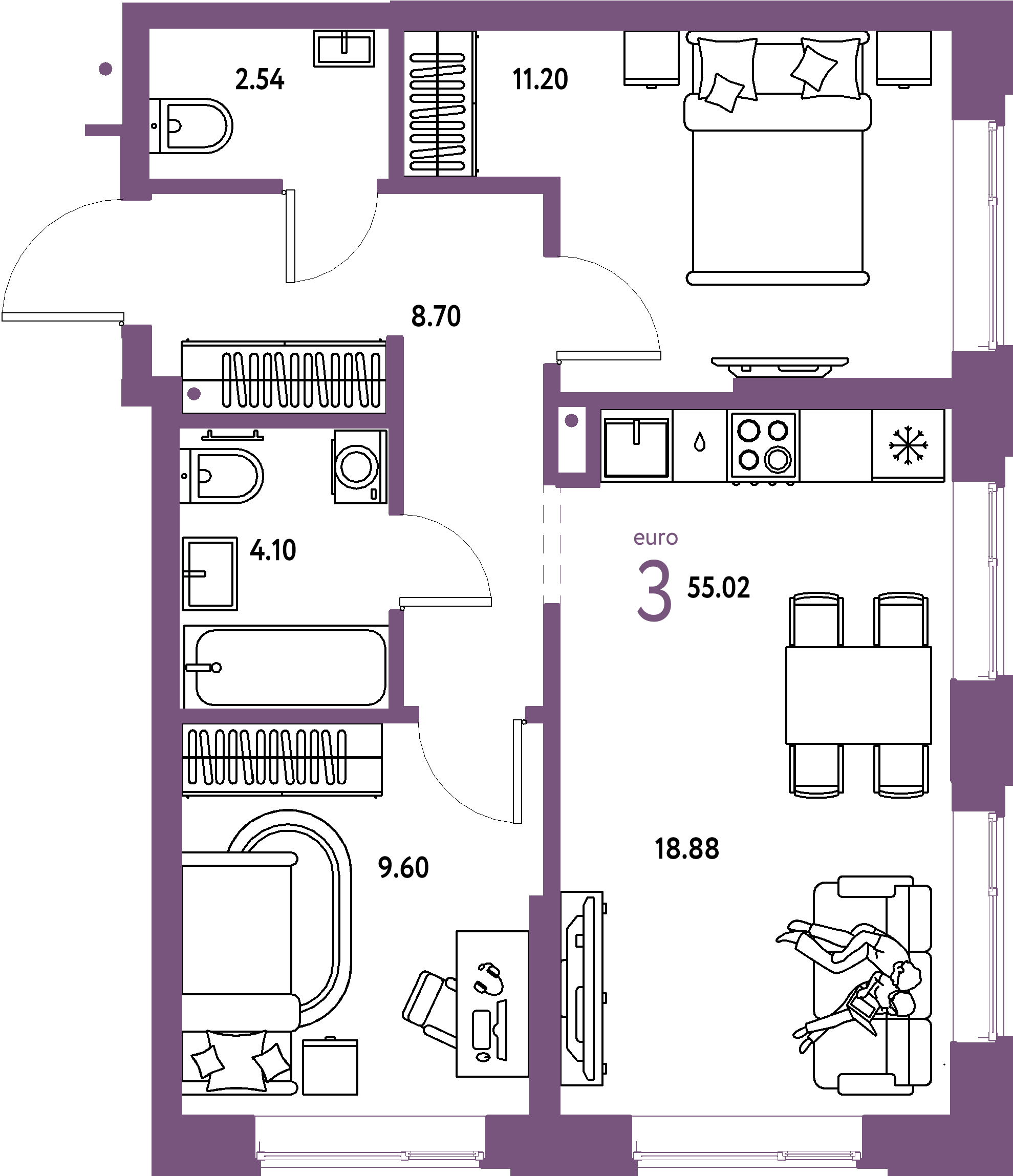 Планировка: Евротрёшка 55,02 м² в ЖК «Домашний»