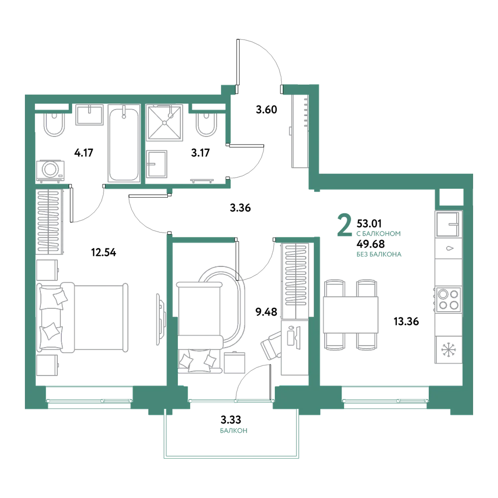 Планировка: 2-комнатная 53,01 м²