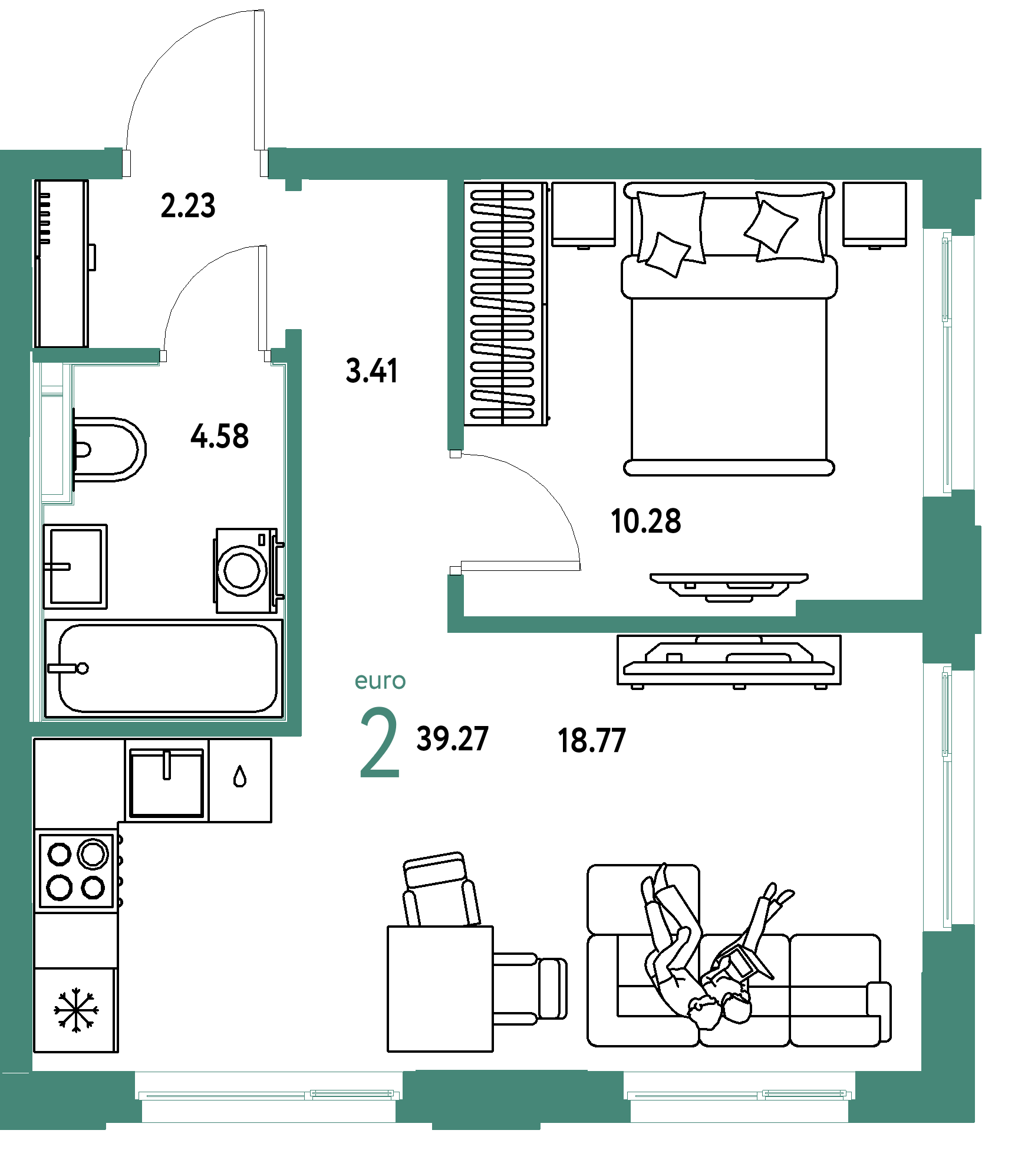 Планировка: Евродвушка 39,27 м² в ЖК «Сердце Сибири»