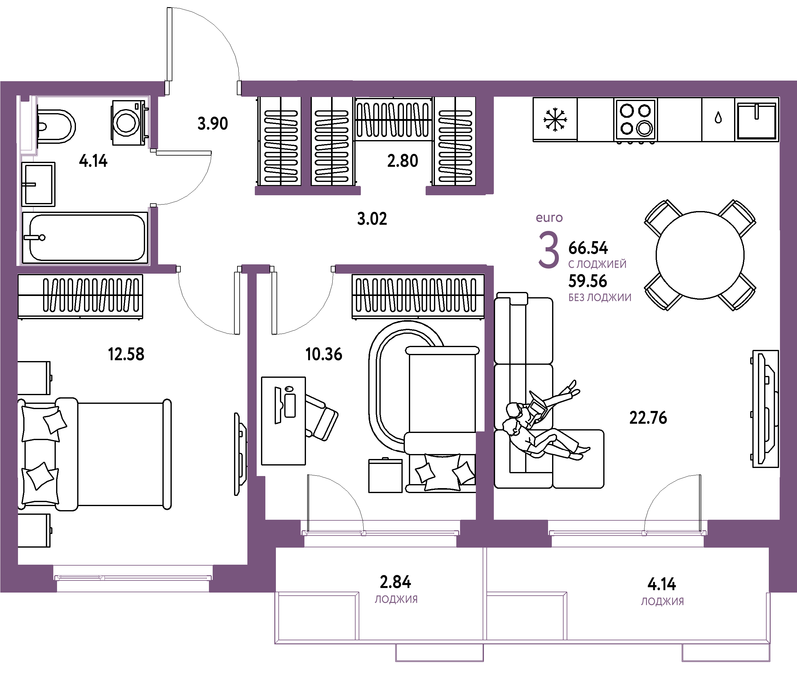 Планировка: Евротрёшка 66,54 м² в ЖК «Сердце Сибири»