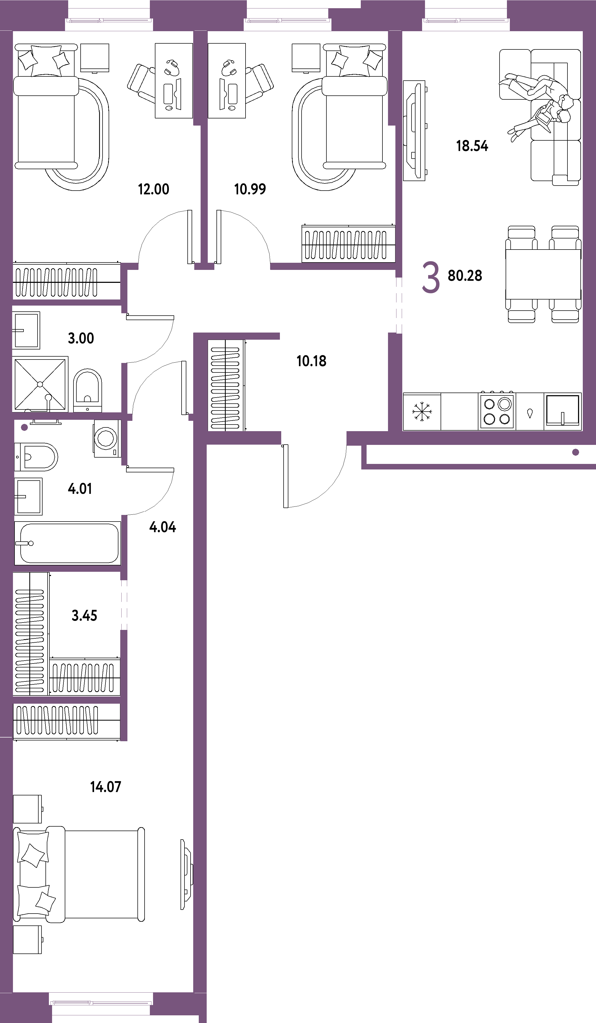 Планировка: 3-комнатная 80,28 м² в ЖК «Домашний»