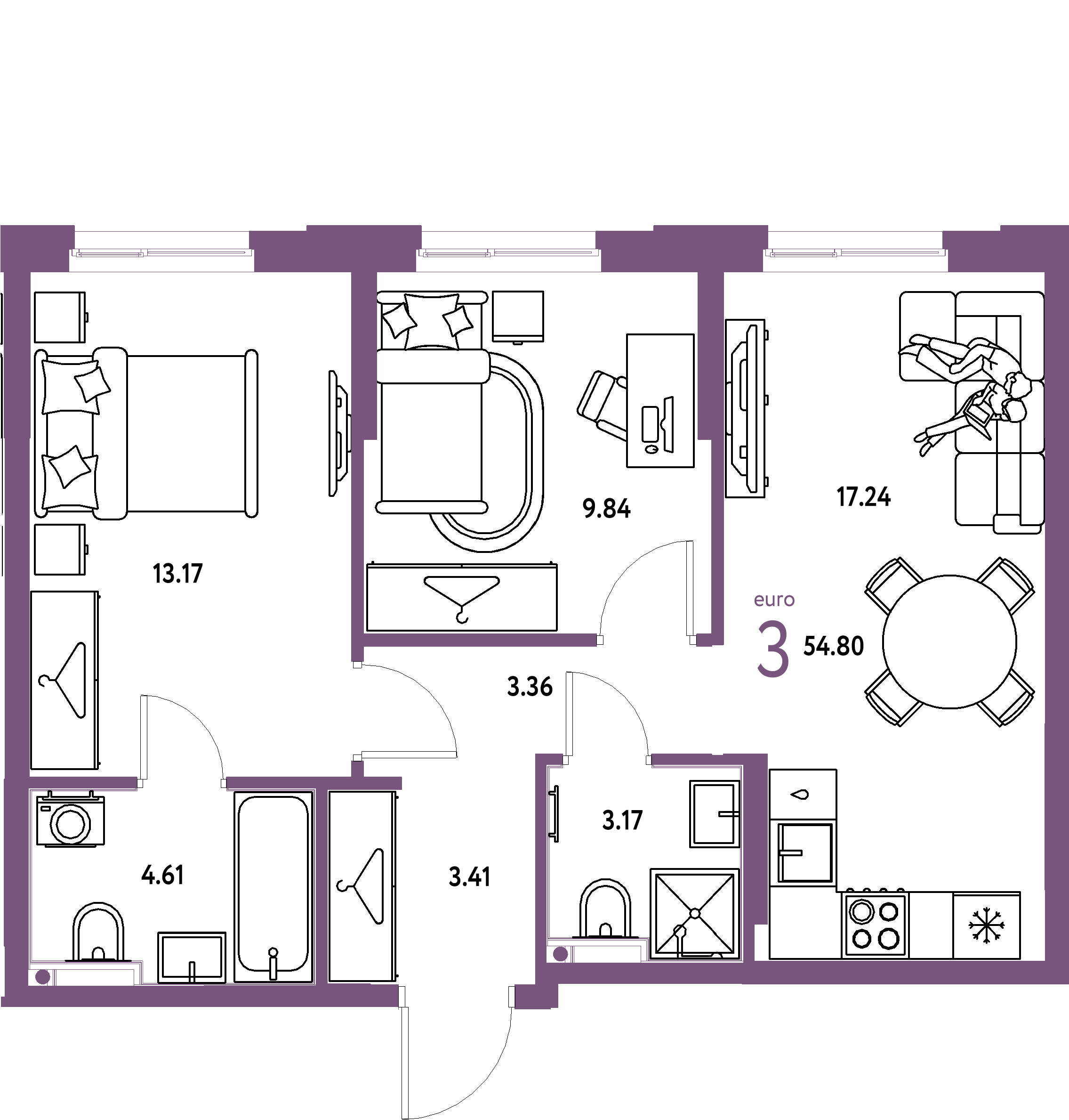 Планировка: Евротрёшка 54,8 м² в ЖК «Европейский берег 2.0»