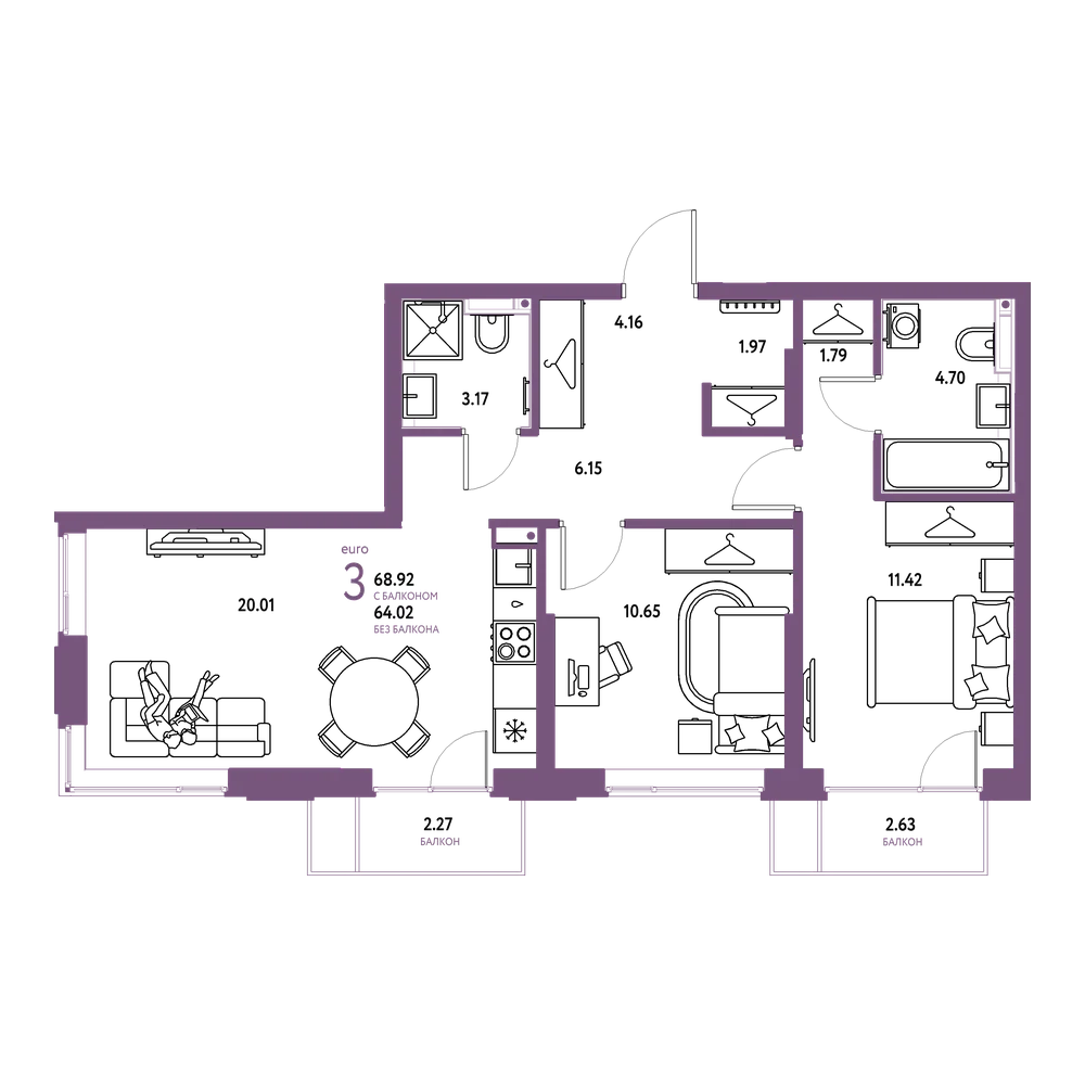 Планировка: Евротрёшка 68,92 м²