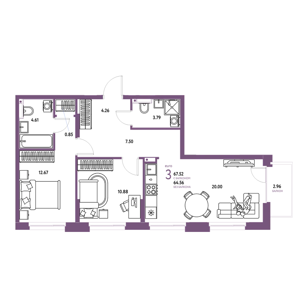 Планировка: Евротрёшка 67,24 м²