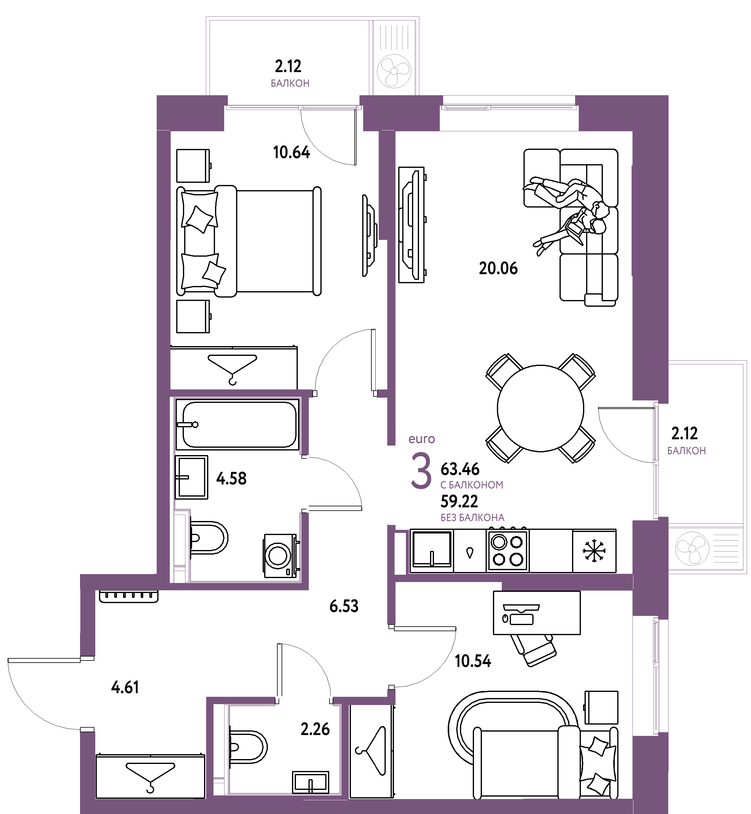Планировка: Евротрёшка 63,46 м² в ЖК «Европейский берег 2.0»