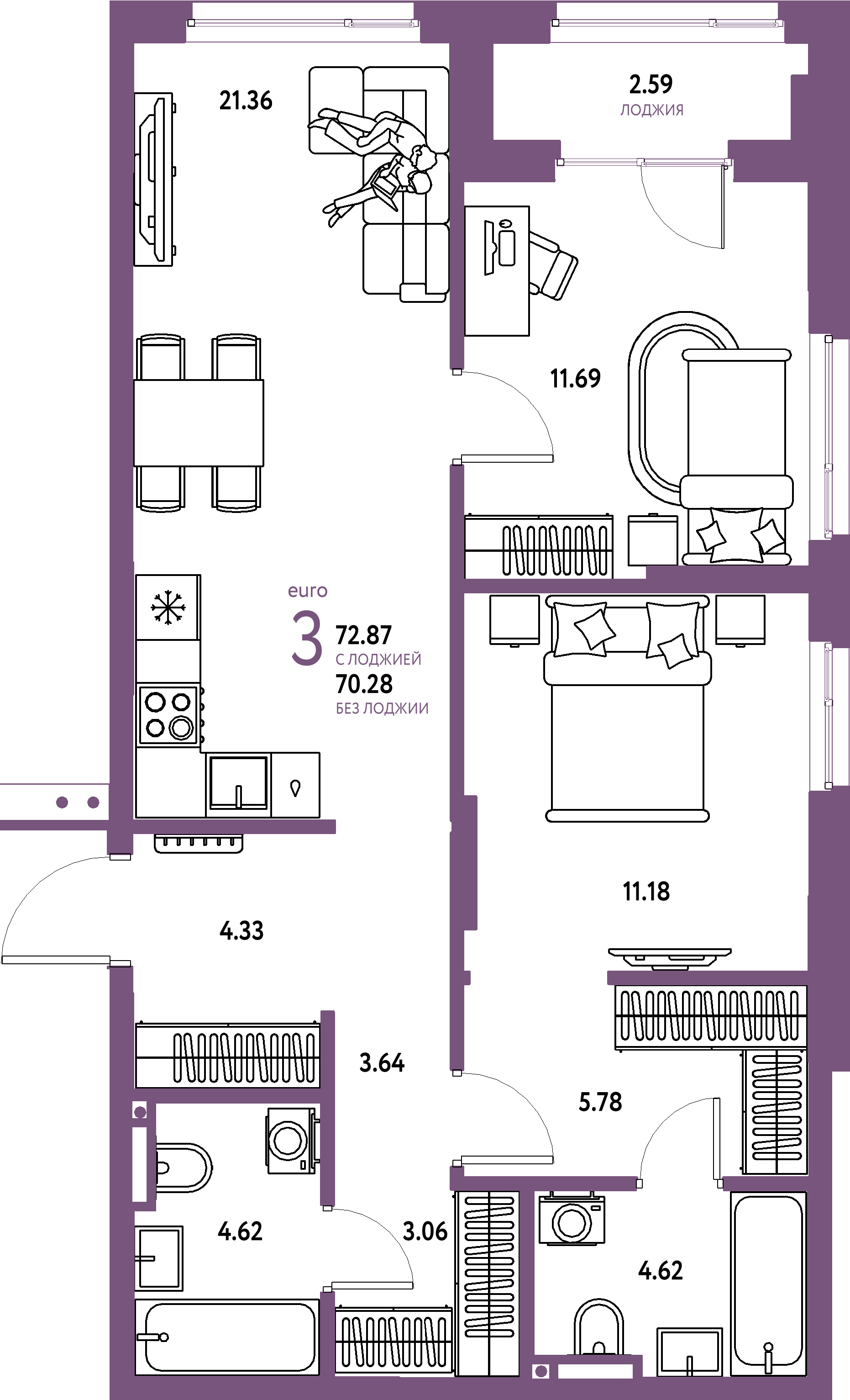 Планировка: Евротрёшка 72,87 м² в ЖК «Страна.Прибрежная»