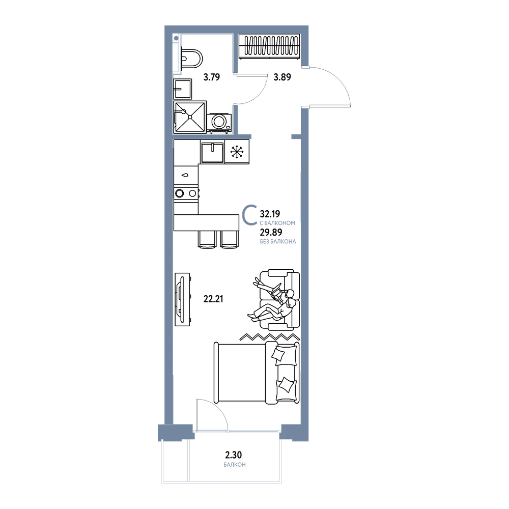 Планировка: Студия 32,19 м²