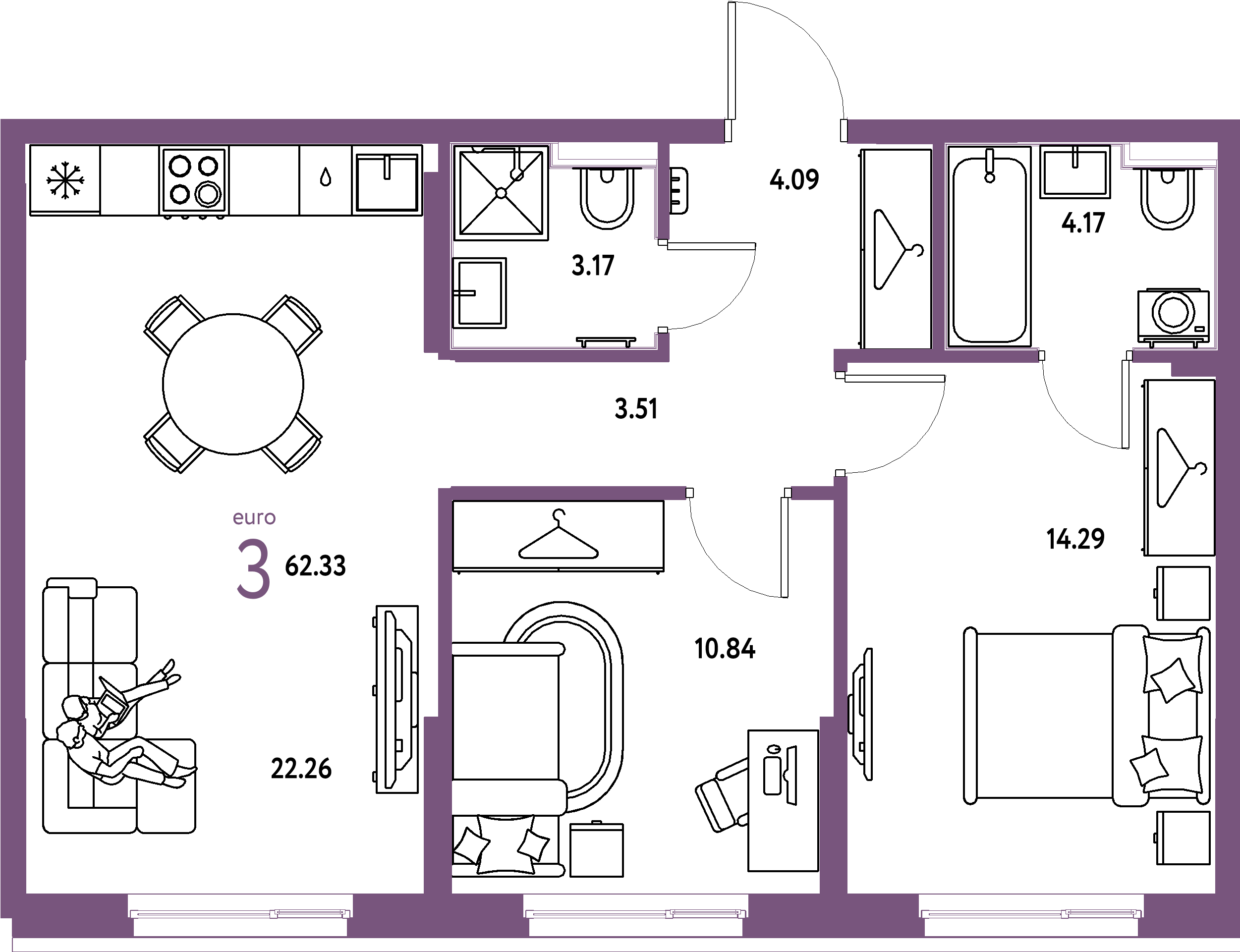 Планировка: Евротрёшка 62,33 м² в ЖК «Европейский берег 2.0»