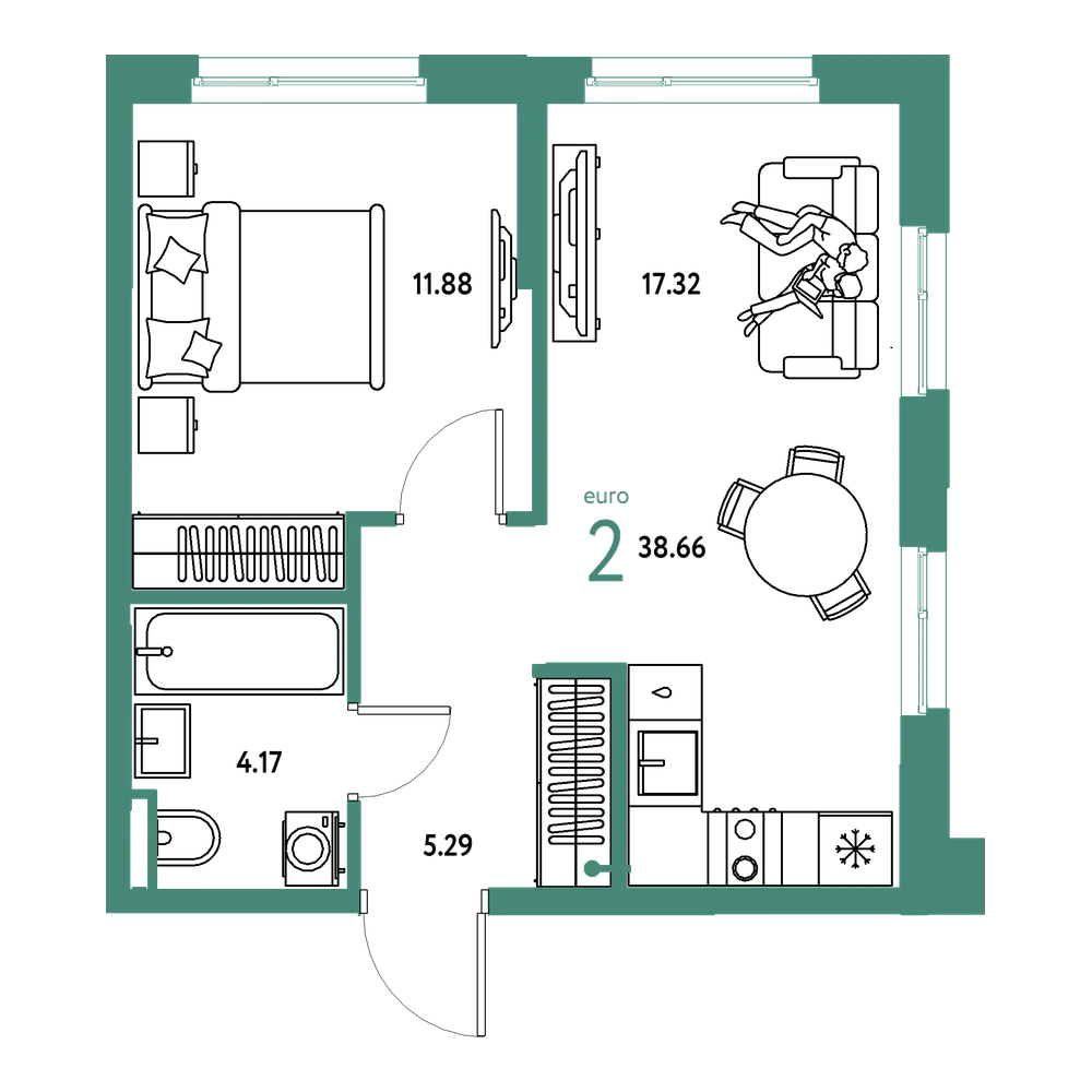 Планировка: Евродвушка 38,66 м²